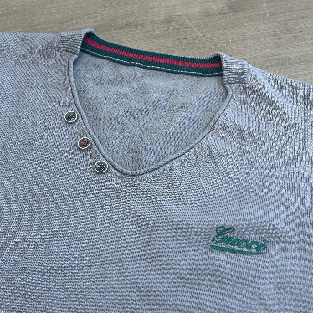 Gucci Sweater Mens Large Gray Wool Blend V Neck Pullover Logo Stripe Buttons - Picture 2 of 7